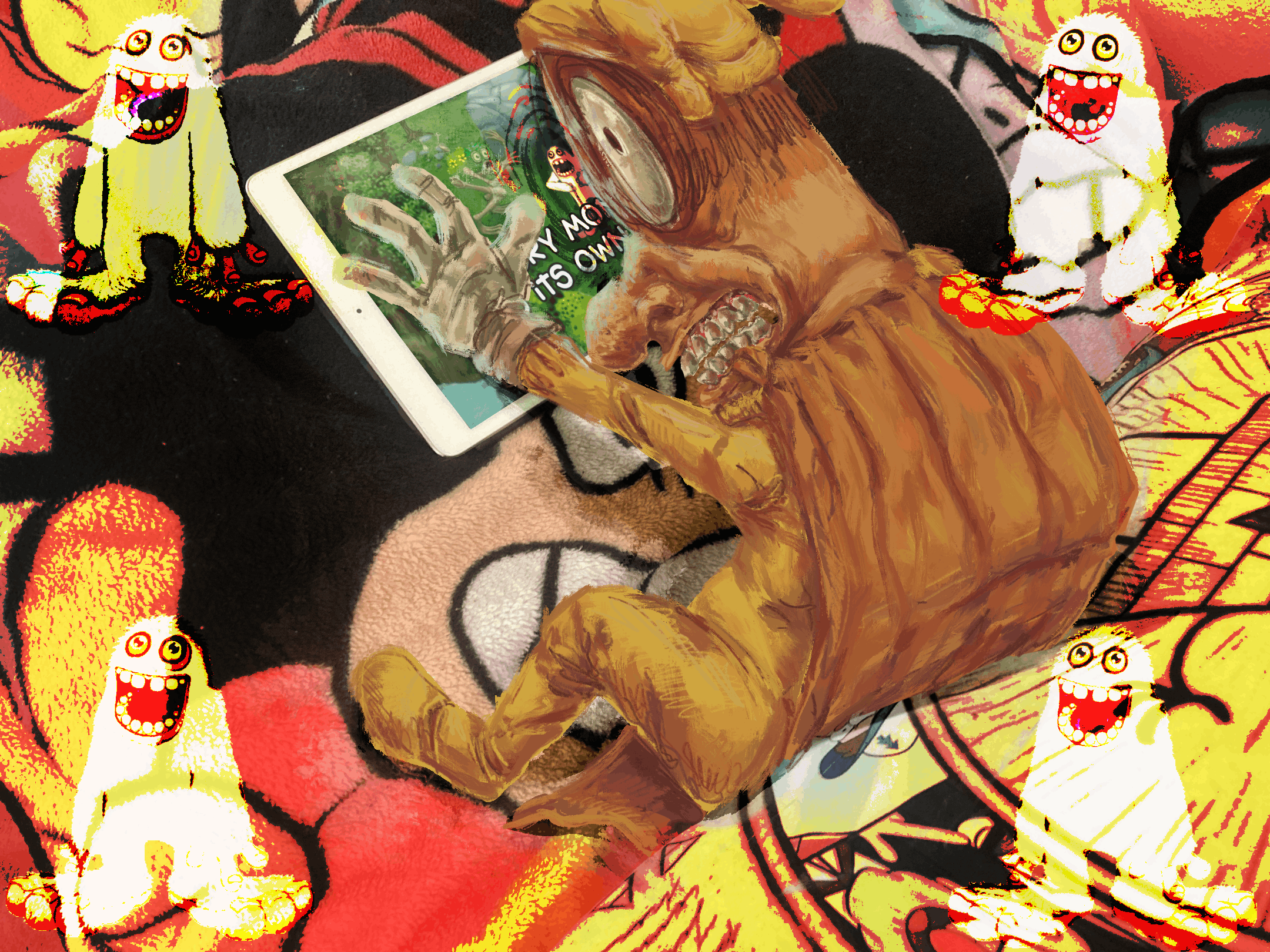 A wide-eyed and tense Bo Noise covering up the screen of their iPad, which is playing an advertisement for the mobile game My Singing Monsters. They are sitting against a Gravity Falls-themed pillow while sitting on Xavier's bed. Everywhere but the center of the piece has a hard mix filter overlayed on it. On each corner of the piece, there is a picture of Mammot from My Singing Monsters.